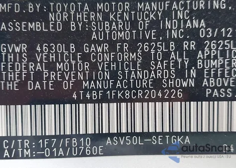 2012 Toyota Camry Xle из США, поврежденный, VIN 4T4BF1FK8CR204226